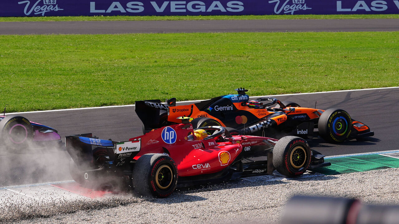 Ferrari driver Lewis Hamilton goes off-track after a coming together with team-mate Charles Leclerc at the first chicane during the Italian Grand Prix at the Autodromo Nazionale Monza in Italy. Picture date: Sunday September 6, 2026.