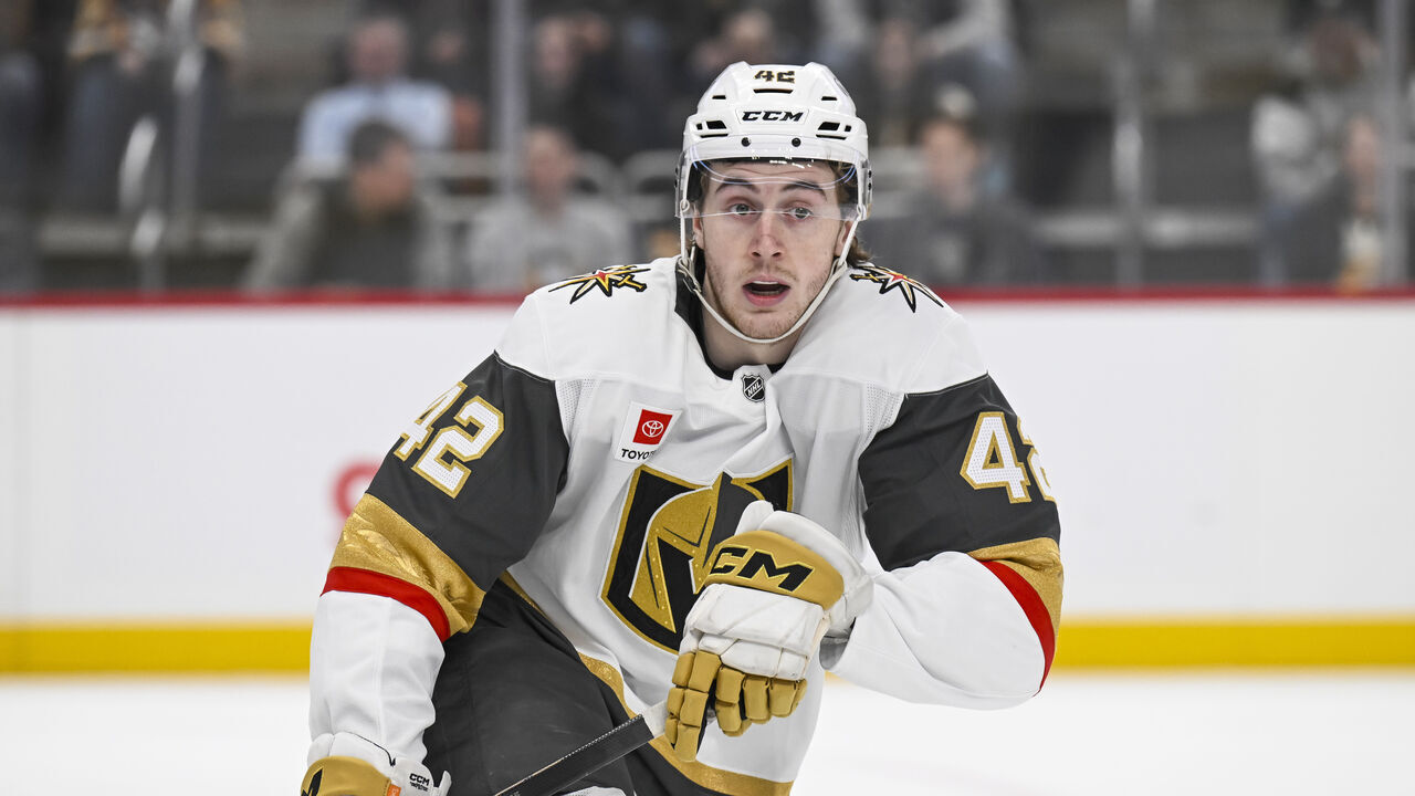 PITTSBURGH, PA - MARCH 01: Vegas Golden Knights right wing Braeden Bowman (42) forechecks during the first period in the NHL game between the Pittsburgh Penguins and the Vegas Golden Knights on March 1, 2026, at PPG Paints Arena in Pittsburgh, PA.