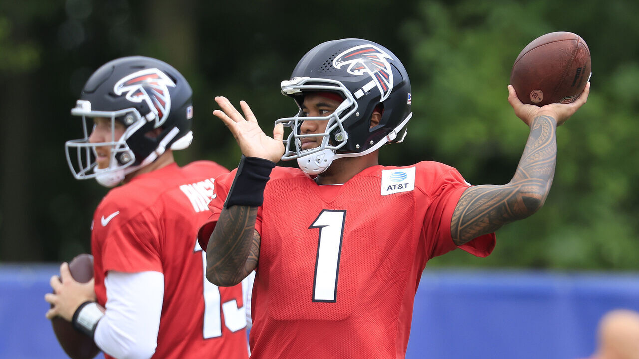 WESTFIELD, INDIANA - AUGUST 19: Tua Tagovailoa #1 of the Atlanta Falcons steps back to pass during the joint practice against the Indianapolis Colts at Grand Park Sports Campus on August 19, 2026 in Westfield, Indiana.