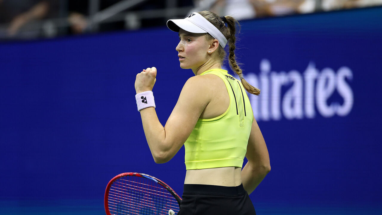 NEW YORK, NEW YORK - SEPTEMBER 10: Elena Rybakina of Kazakhstan celebrates winning the second set against Coco Gauff of the United States during their Women's Singles Semifinal match on Day Twelve of the 2026 US Open at USTA Billie Jean King National Tennis Center on September 10, 2026 in the Flushing neighborhood of the Queens borough of New York City.