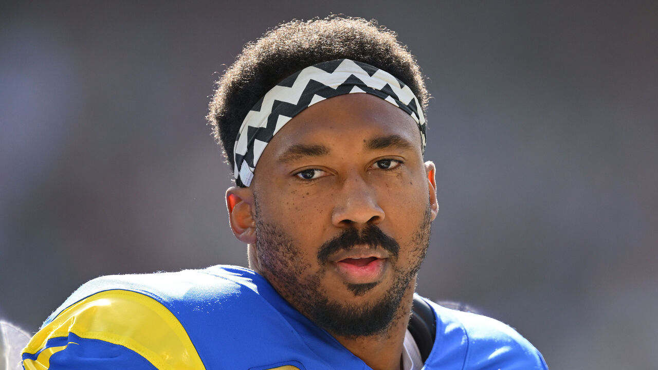 MELBOURNE, AUSTRALIA - SEPTEMBER 11: Myles Garrett #95 of the Los Angeles Rams warms up prior to the NFL football game against the San Francisco 49ers at the Melbourne Cricket Ground on September 11, 2026 in Melbourne, Australia.