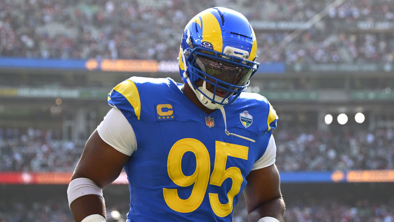 MELBOURNE, AUSTRALIA - SEPTEMBER 11: Myles Garrett #95 of the Los Angeles Rams warms up prior to the NFL football game against the San Francisco 49ers at the Melbourne Cricket Ground on September 11, 2026 in Melbourne, Australia.