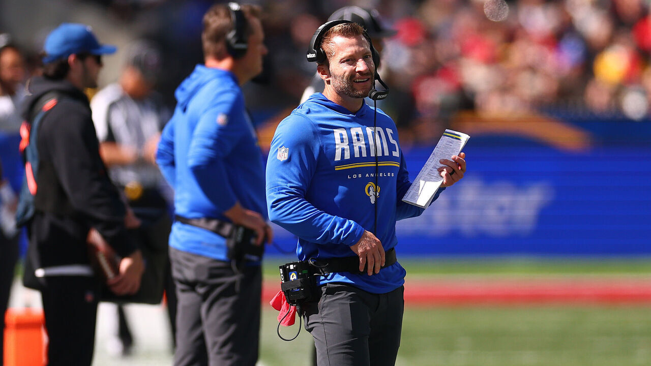 MELBOURNE, AUSTRALIA - SEPTEMBER 11: Sean McVay head coach of the Los Angeles Rams looks on in the fourth quarter of the NFL football game against San Francisco 49ers at the Melbourne Cricket Ground on September 11, 2026 in Melbourne, Australia.