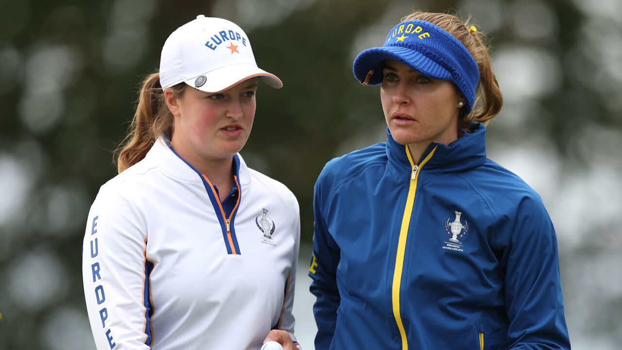 CROMVOIRT, NETHERLANDS - SEPTEMBER 11: Lottie Woad of Team Europe and Charley Hull of Team Europe looks on during the first round of the Solheim Cup 2026 at Bernardus Golf on September 11, 2026 in Cromvoirt, Netherlands.