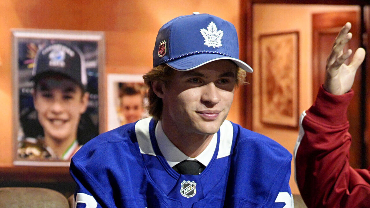 BUFFALO, NEW YORK - JUNE 26: (L-R) Gavin McKenna, first overall pick of the Toronto Maple Leafs, and Justin Bieber sit for an onstage interview during Day One of the 2026 NHL Draft at KeyBank Center on June 26, 2026 in Buffalo, New York.