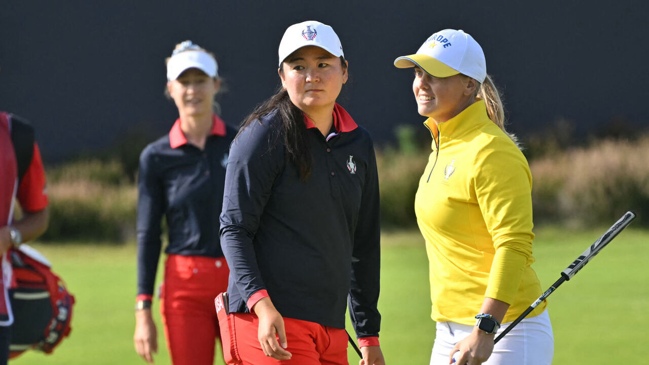 Team Europe's Swedish golfer Maja Stark (R) reacts next to US teams golfer Allisen Corpuz (C) and US teams golfer Nelly Korda (C/L)after victory in their foursomes match against US players on the second day of the 2026 Solheim Cup biennial team golf competition on The Bernardus Golf Course at Cromvoirt, some 80kms south-east of Rotterdam on September 12, 2026.