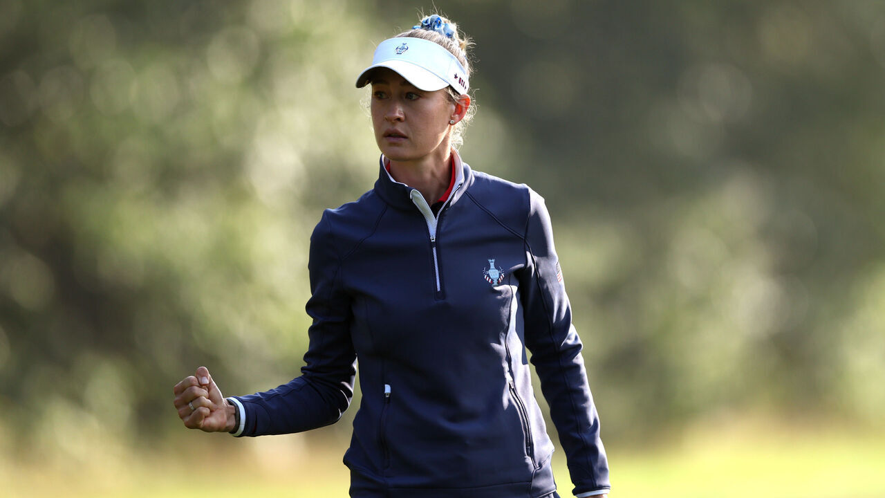 CROMVOIRT, NETHERLANDS - SEPTEMBER 12: Nelly Korda of Team United States celebrates a point after putting on the 11th green during the Saturday morning foursomes matches of the Solheim Cup 2026 at Bernardus Golf on September 12, 2026 in Cromvoirt, Netherlands.