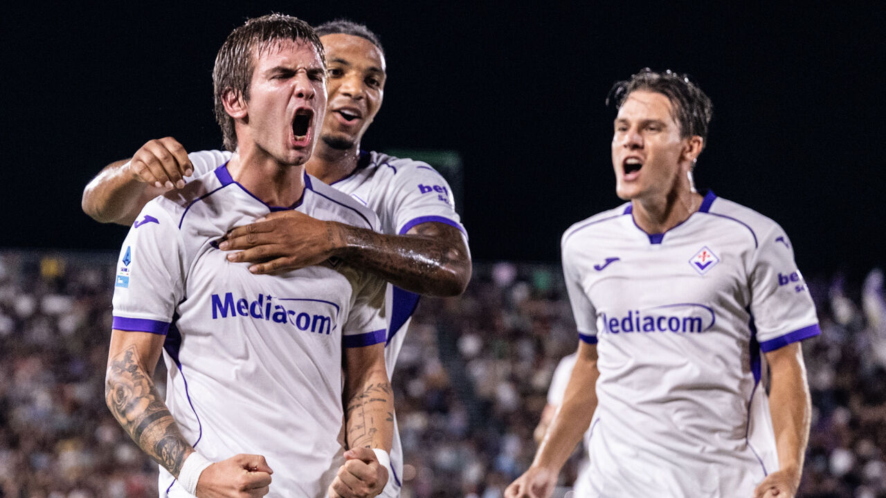 Franco Mastantuono of ACF Fiorentina celebrates a goal with his teammates during the Serie A match between Venezia FC and ACF Fiorentina at Stadio Pier Luigi Penzo in Venice, Italy, on September 11, 2026.