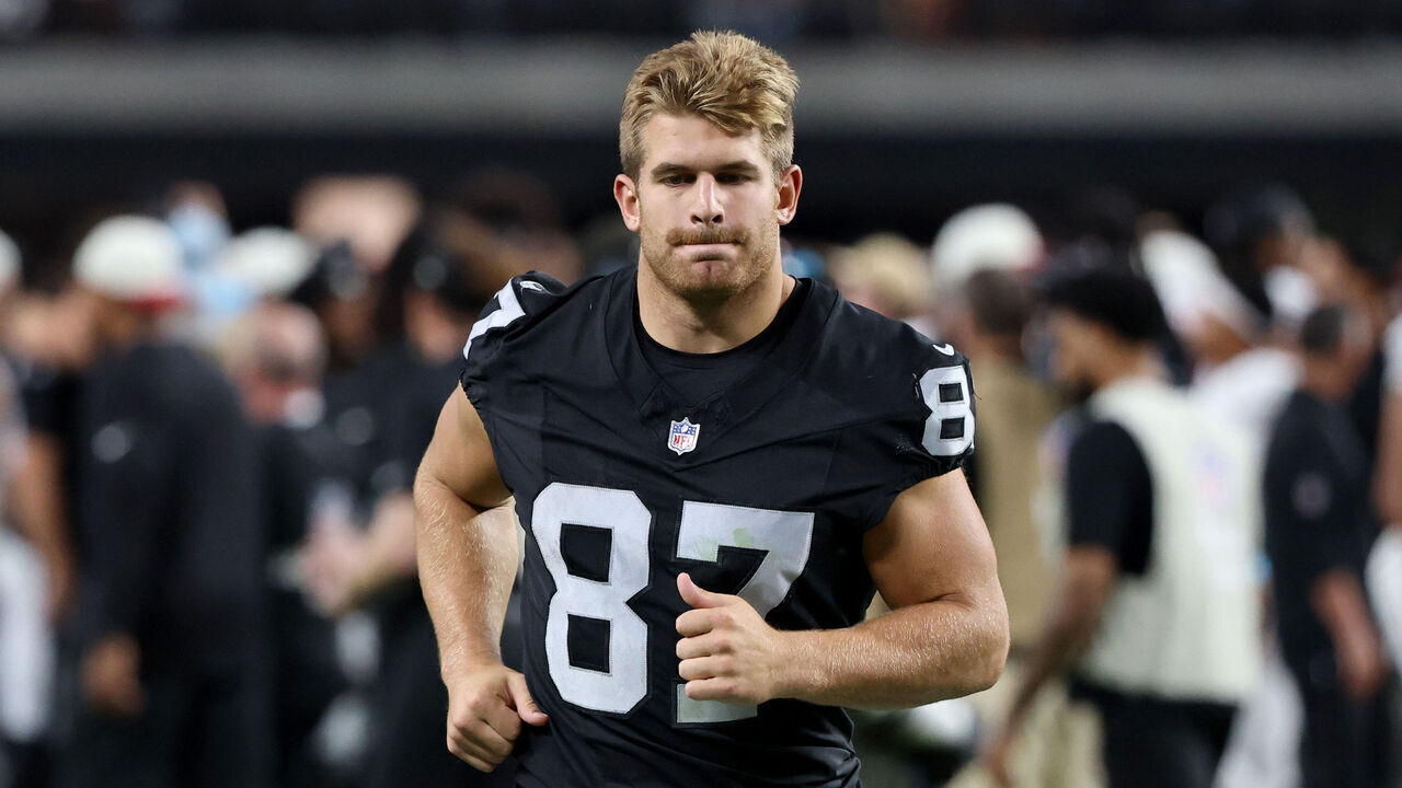 LAS VEGAS, NEVADA - AUGUST 13: Michael Mayer #87 of the Las Vegas Raiders leaves the field after the team's 27-14 loss to the Arizona Cardinals in a preseason game at Allegiant Stadium on August 13, 2026 in Las Vegas, Nevada.