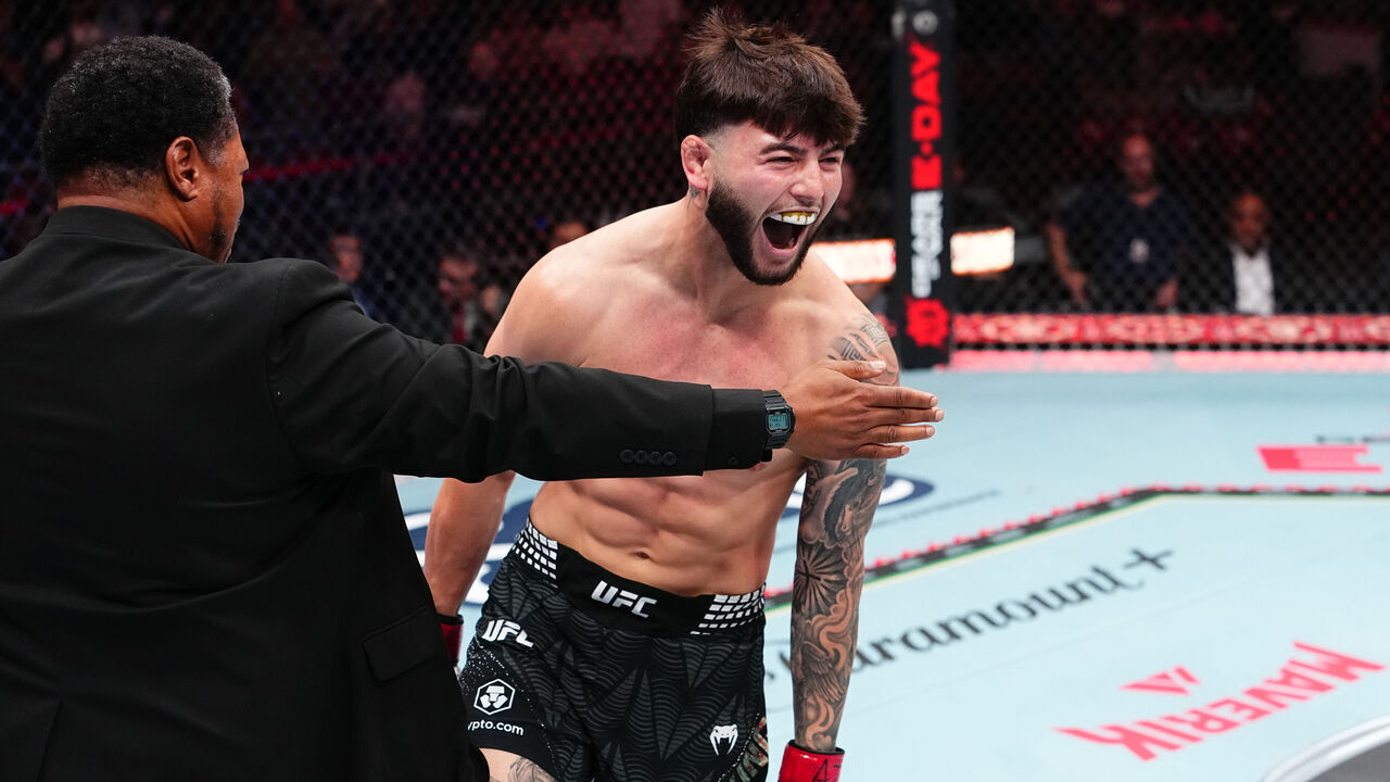 GLENDALE, ARIZONA - SEPTEMBER 12: Sean King III reacts after his knockout victory over Jessie Rosas in their featherweight fight during the Noche UFC event at Desert Diamond Arena on September 12, 2026 in Glendale, Arizona.