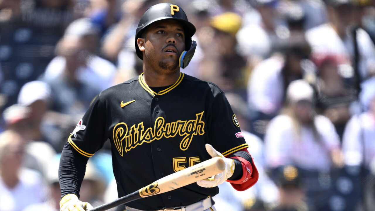 SAN DIEGO, CALIFORNIA - AUGUST 26: Esmerlyn Valdez #55 of the Pittsburgh Pirates bats during the second inning against the San Diego Padres at Petco Park on August 26, 2026 in San Diego, California.