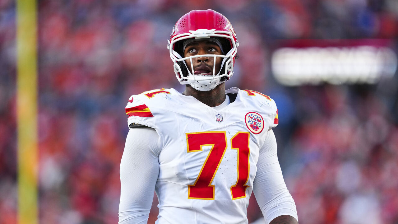 DENVER, CO - NOVEMBER 16: Josh Simmons #71 of the Kansas City Chiefs exits the field at halftime during an NFL football game against the Denver Broncos at Empower Field at Mile High on November 16, 2025 in Denver, Colorado.