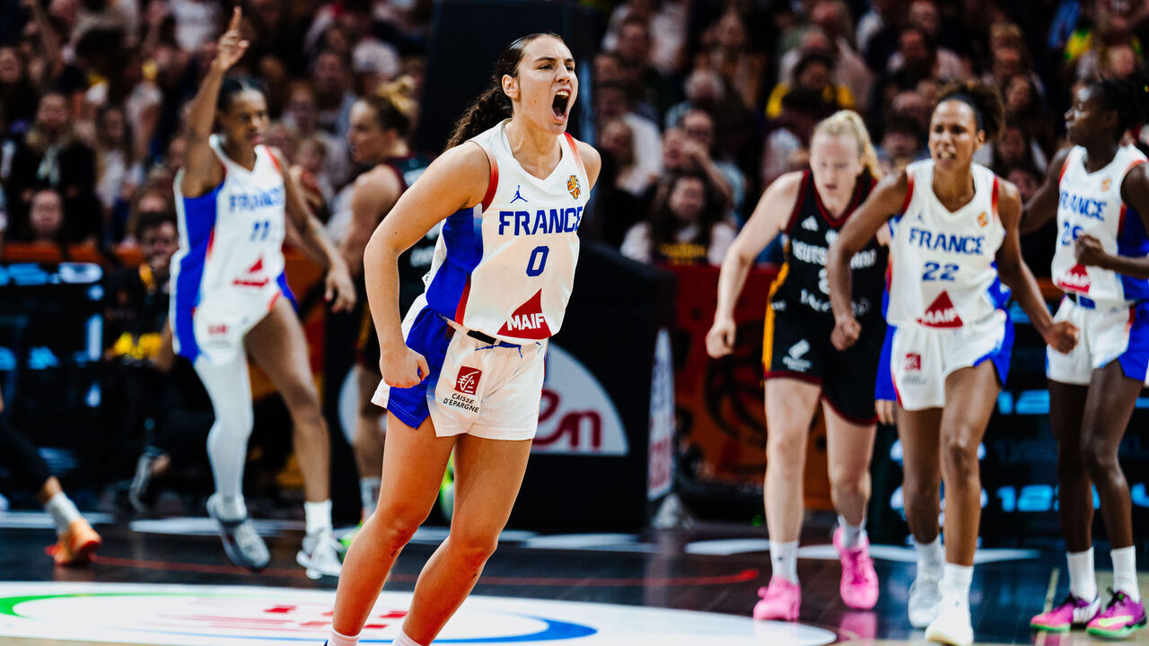 BERLIN, GERMANY - SEPTEMBER 12: Carla Leite of France celebrates during the FIBA Women's Basketball World Cup Germany 2026 semi-final between France and Germany at Berlin Arena on September 12, 2026 in Berlin, Germany.