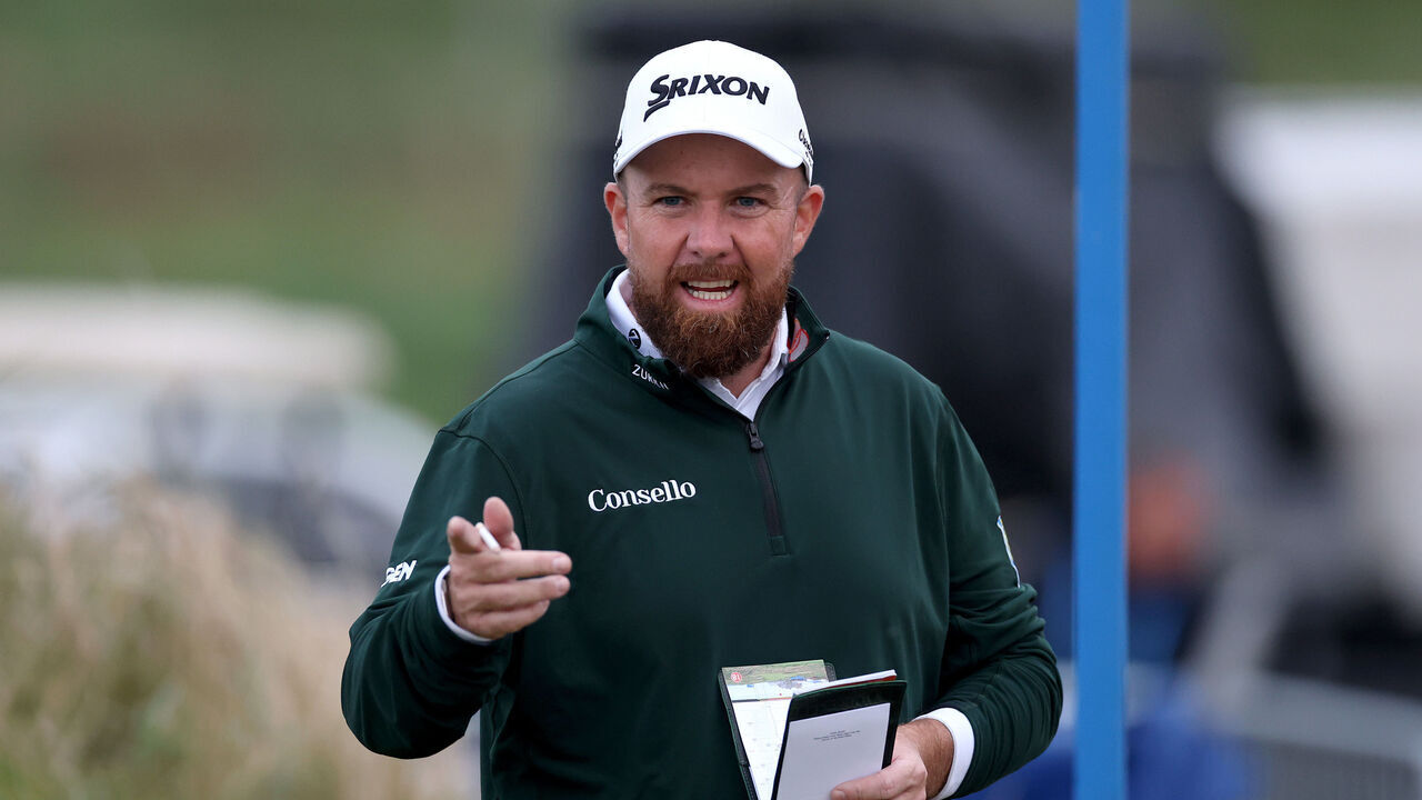 CLARECASTLE, IRELAND - SEPTEMBER 12: Shane Lowry of Ireland tees off on the 18th hole on day three of the Amgen Irish Open at Trump International Golf Links in Doonbeg on September 12, 2026 in Clarecastle, Ireland.