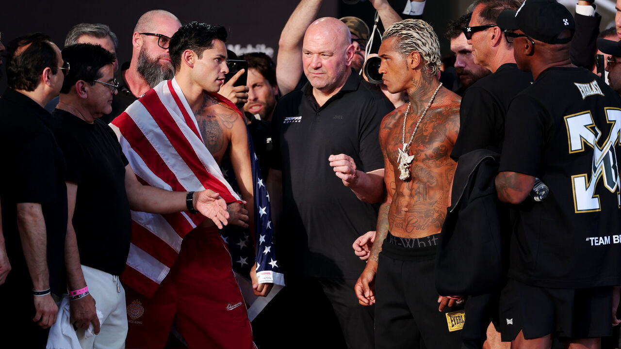 LAS VEGAS, NEVADA - SEPTEMBER 11: Ryan Garcia (L) and Connor Benn (R) face off prior to their WBC welterweight fight at T-Mobile Arena on September 11, 2026 in Las Vegas, Nevada.