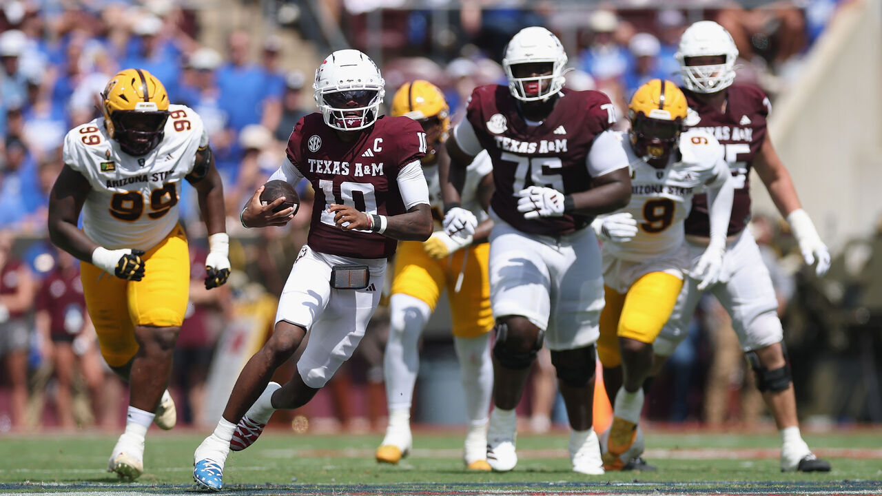 COLLEGE STATION, TEXAS - SEPTEMBER 12: Marcel Reed #10 of the Texas A&M Aggies runs the ball in the first half against the Arizona State Sun Devils at Kyle Field on September 12, 2026 in College Station, Texas.