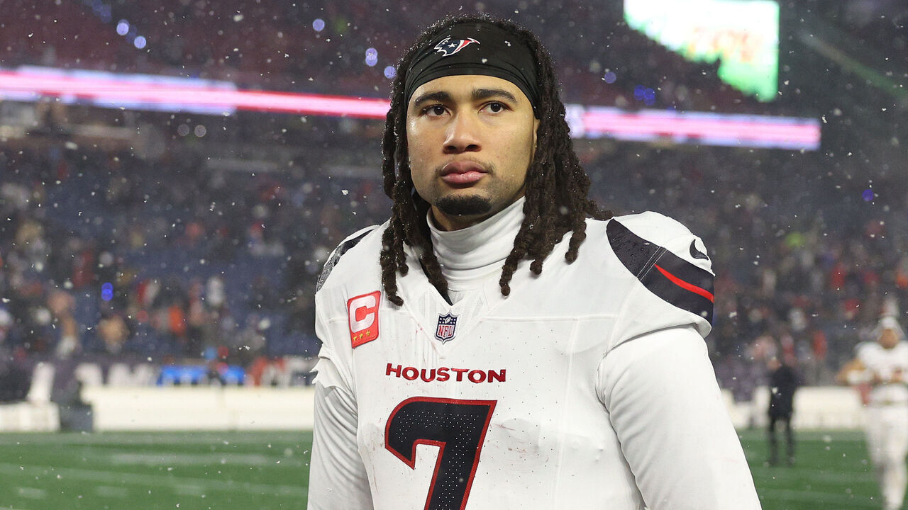 FOXBOROUGH, MASSACHUSETTS - JANUARY 18: C.J. Stroud #7 of the Houston Texans reacts after a 28-16 loss against the New England Patriots in the AFC Divisional Playoff game at Gillette Stadium on January 18, 2026 in Foxborough, Massachusetts.