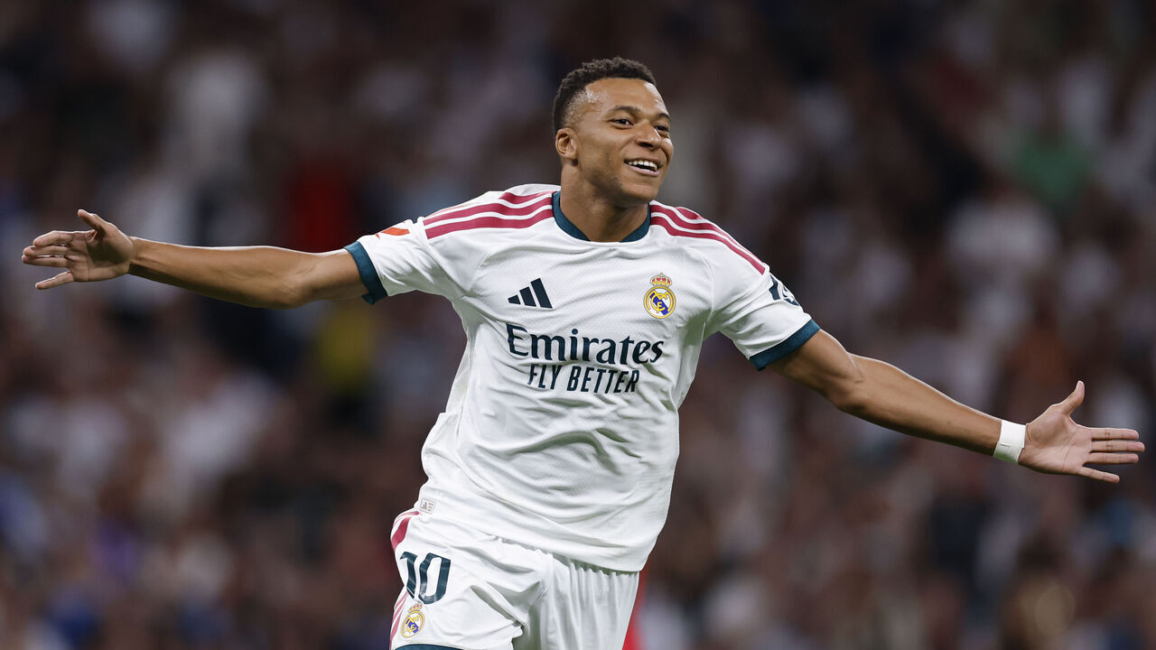 MADRID, SPAIN - SEPTEMBER 12: Kylian Mbappe player of Real Madrid celebrates after scoring a goal during the LaLiga EA Sports 2026/27 match between Real Madrid and Rayo Vallecano de Madrid at Estadio Santiago Bernabeu on September 12, 2026 in Madrid, Spain.