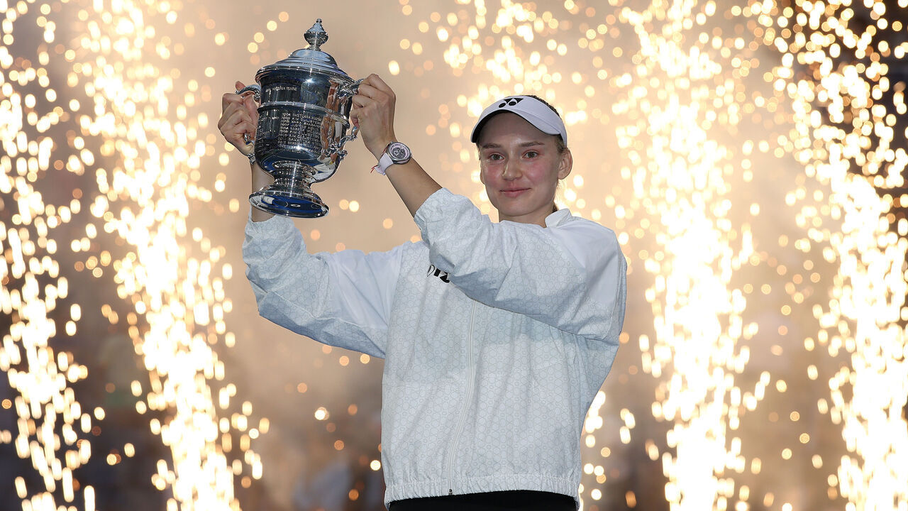 NEW YORK, NEW YORK - SEPTEMBER 12: Elena Rybakina of Kazakhstan celebrates with the trophy after defeating Aryna Sabalenka in their Women's Singles Final match on Day Fourteen of the 2026 US Open at USTA Billie Jean King National Tennis Center on September 12, 2026 in the Flushing neighborhood of the Queens borough of New York City.