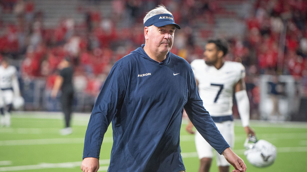LINCOLN, NEBRASKA - SEPTEMBER 6: Head coach Joe Moorhead of the Akron Zips walks off the field after the game against the Nebraska Cornhuskers at Memorial Stadium on September 6, 2025 in Lincoln, Nebraska.