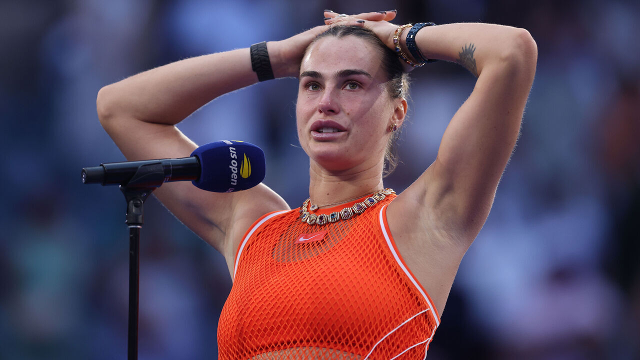NEW YORK, NEW YORK - SEPTEMBER 12: Aryna Sabalenka makes a speach after her loss to Elena Rybakina of Kazakhstan in their Women's Singles Final match on Day Fourteen of the 2026 US Open at USTA Billie Jean King National Tennis Center on September 12, 2026 in the Flushing neighborhood of the Queens borough of New York City.