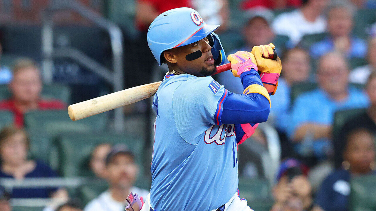 ATLANTA, GA - SEPTEMBER 12: Ronald Acuna, Jr. (13) of the Atlanta Braves with an infield single in the first inning of the Saturday evening MLB game between the Philadelphia Phillies and the Atlanta Braves on September 12, 2026 at Truist Park in Atlanta, Georgia.