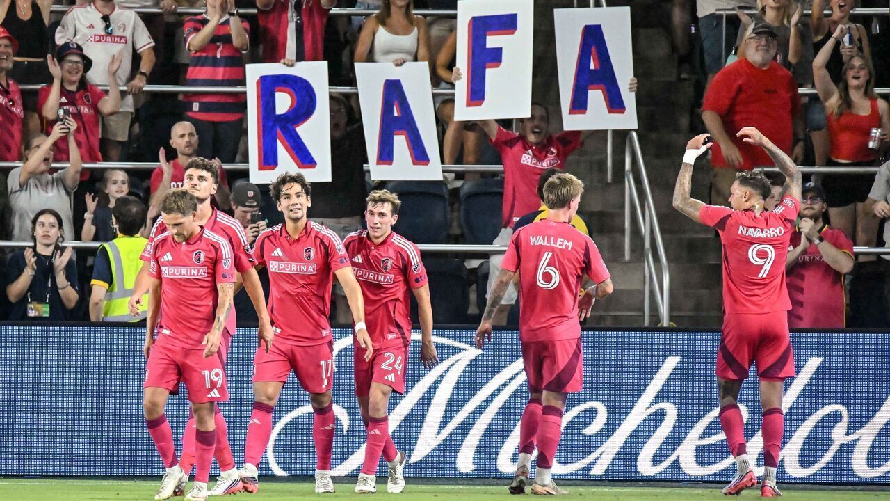 ST. LOUIS, MO - SEPTEMBER 12: Rafael Navarro (9) of the St. Louis CITY SC acknowledges the fans after scoring a goal during the MLS regular season match where St. Louis CITY SC hosted Minnesota United FC on Saturday September 12th, 2026, at Energizer Park in St. Louis City, MO.