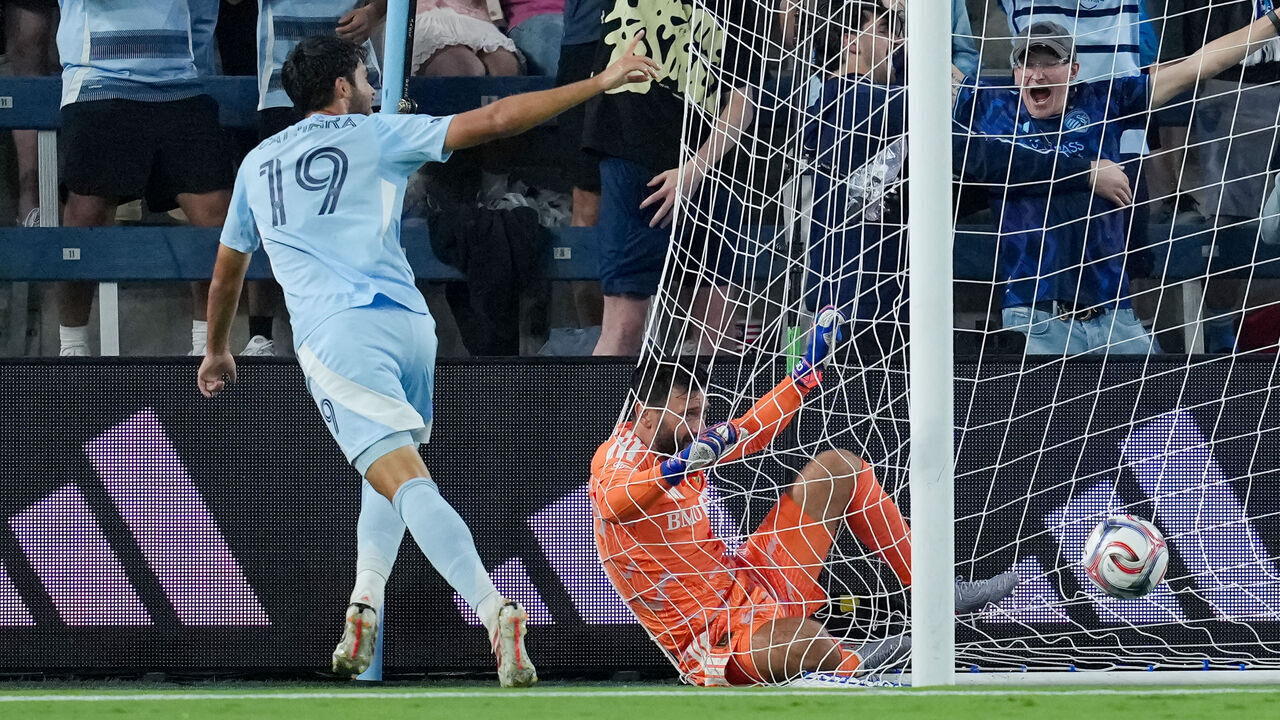 KANSAS CITY, KANSAS - SEPTEMBER 12: Taylor Calheira #19 of Sporting Kansas City celebrates after scoring a goal against Hugo Lloris #1 of Los Angeles Football Club during the first half at Sporting Park on September 12, 2026 in Kansas City, Kansas.