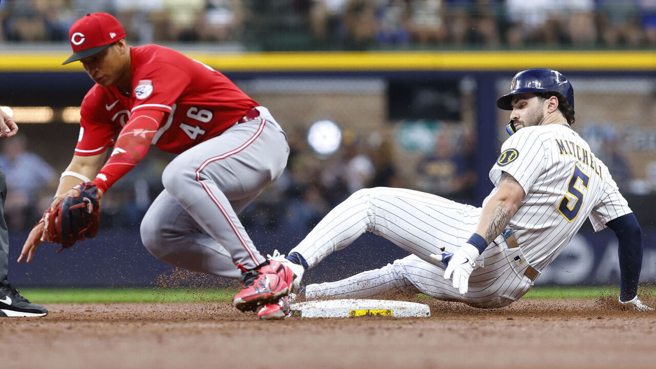 MILWAUKEE, WI - SEPTEMBER 12: Milwaukee Brewers center fielder Garrett Mitchell (5) steals second during a game between the Milwaukee Brewers and the Cincinnati Reds on September 12, 2026 at American Family Field, in Milwaukee, Wisconsin.