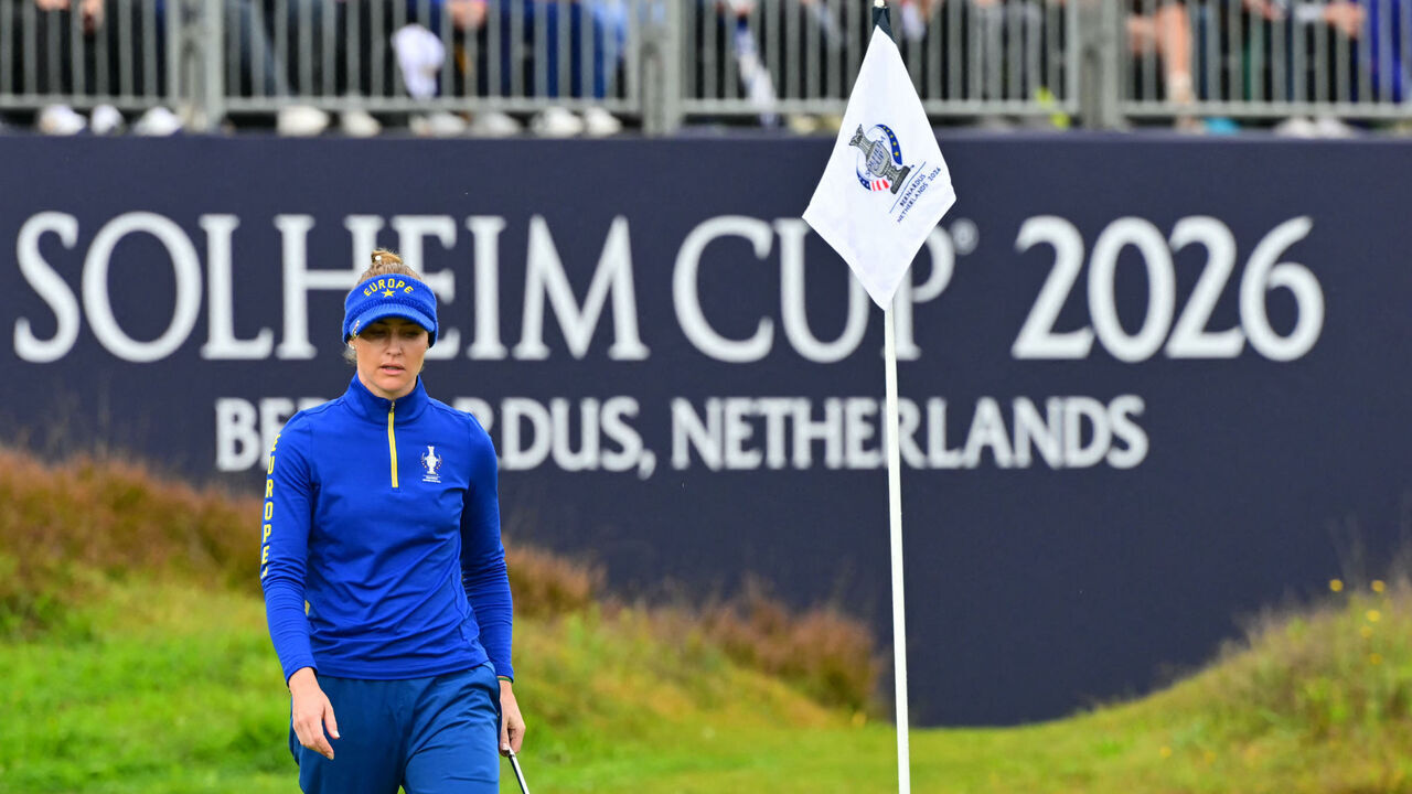 Team Europe's English golfer Charley Hull reacts after missing a putt during play in her singles match against US teams golfer Megan Khang on the final day of the 2026 Solheim Cup biennial team golf competition on The Bernardus Golf Course at Cromvoirt, some 80kms south-east of Rotterdam on September 13, 2026.