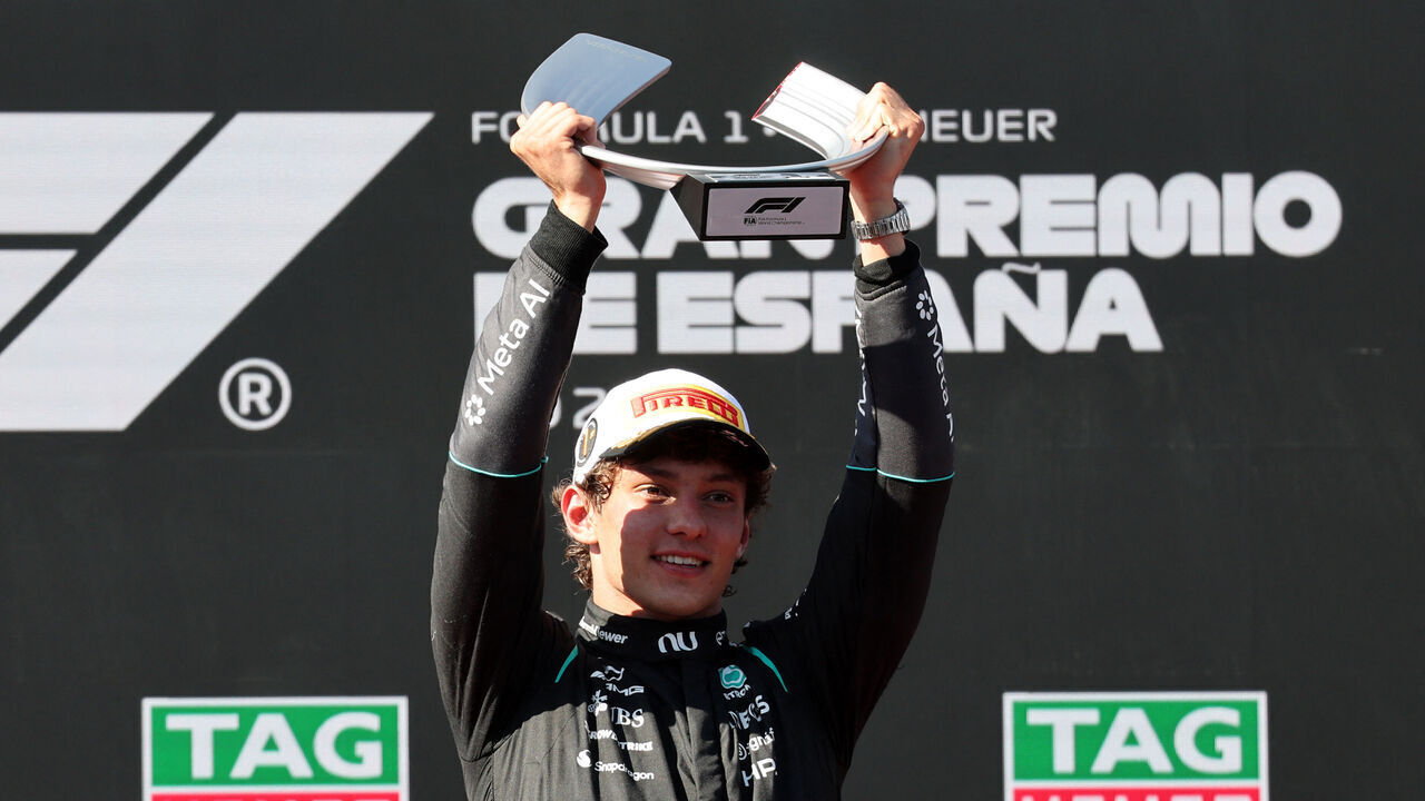 Mercedes' Italian driver Kimi Antonelli celebrates on the podium after the Spanish Formula One Grand Prix at the Madring circuit on September 13, 2026 in Madrid.