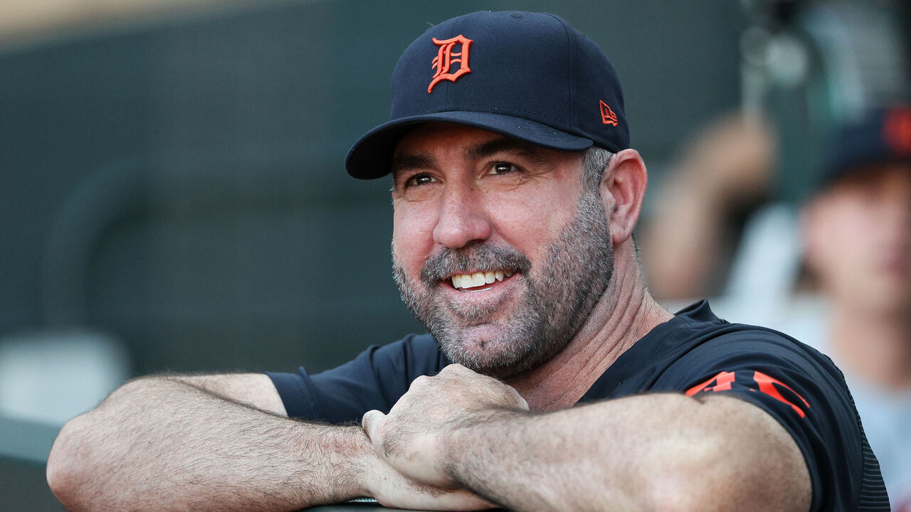 MINNEAPOLIS, MINNESOTA - SEPTEMBER 2: Justin Verlander #35 of the Detroit Tigers reacts as he watches a tribute video on the scoreboard honoring his career before the game against the Minnesota Twins at Target Field on September 2, 2026 in Minneapolis, Minnesota.
