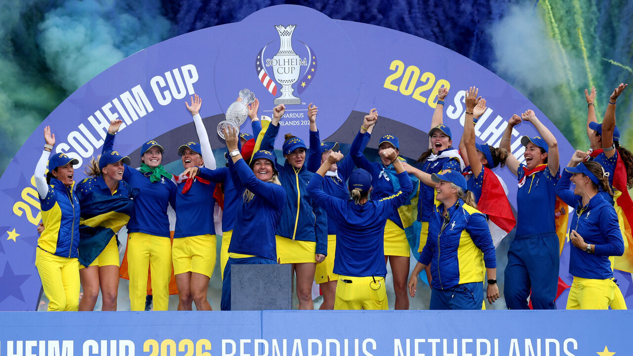 CROMVOIRT, NETHERLANDS - SEPTEMBER 13: Anna Nordqvist, Captain of Team Europe with her team, during the trophy presentation ceremony, following a 15-13 victory in the the Sunday singles matches of the Solheim Cup 2026 at Bernardus Golf on September 13, 2026 in Cromvoirt, Netherlands.