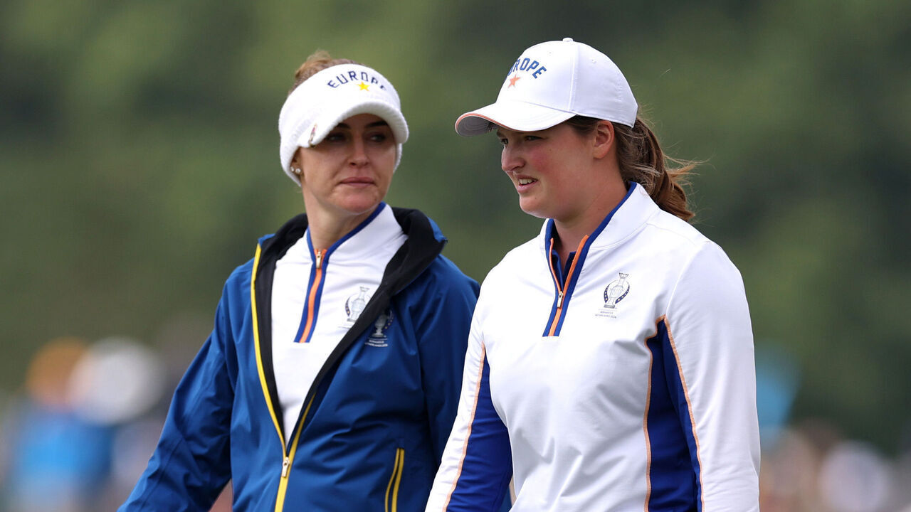 CROMVOIRT, NETHERLANDS - SEPTEMBER 11: Charley Hull of Team Europe and Lottie Woad of Team Europe on walk down the fairway during the Friday afternoon four-balls matches of the Solheim Cup 2026 at Bernardus Golf on September 11, 2026 in Cromvoirt, Netherlands.