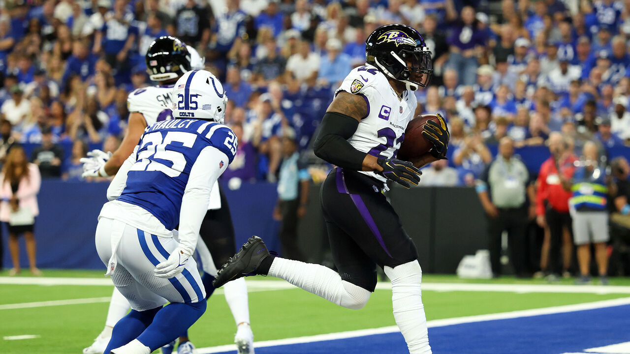 INDIANAPOLIS, INDIANA - SEPTEMBER 13: Derrick Henry #22 of the Baltimore Ravens scores rushing touchdown against the Indianapolis Colts during the first quarter of the game at Lucas Oil Stadium on September 13, 2026 in Indianapolis, Indiana.