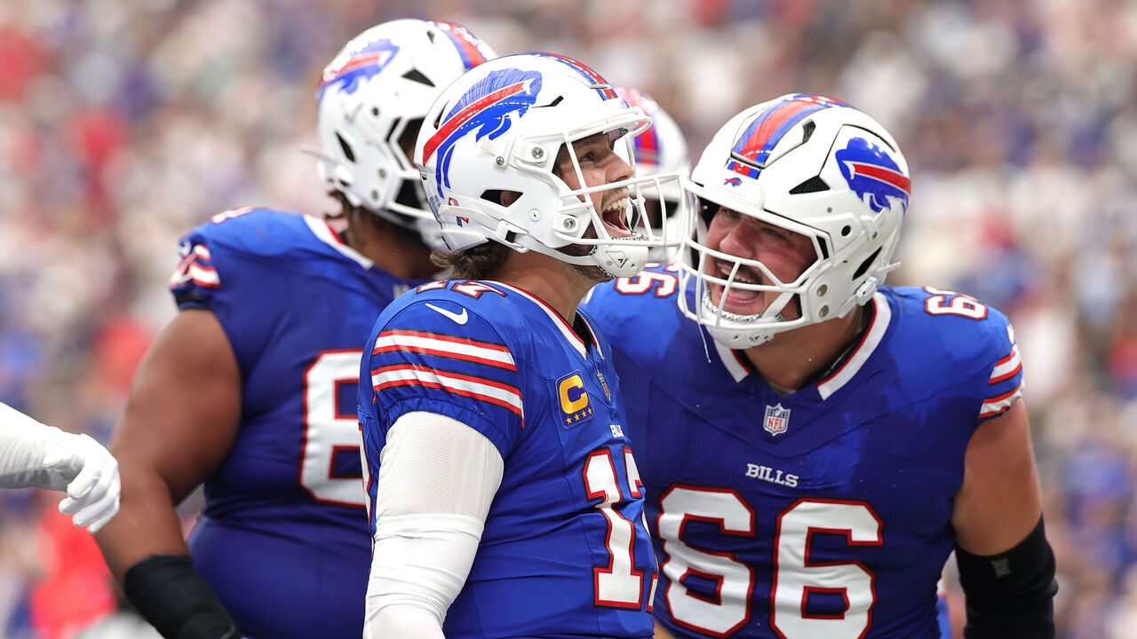 HOUSTON, TEXAS - SEPTEMBER 13: Josh Allen #17 of the Buffalo Bills celebrates after scoring a touchdown during the second quarter against the Houston Texans of the game at NRG Stadium on September 13, 2026 in Houston, Texas.