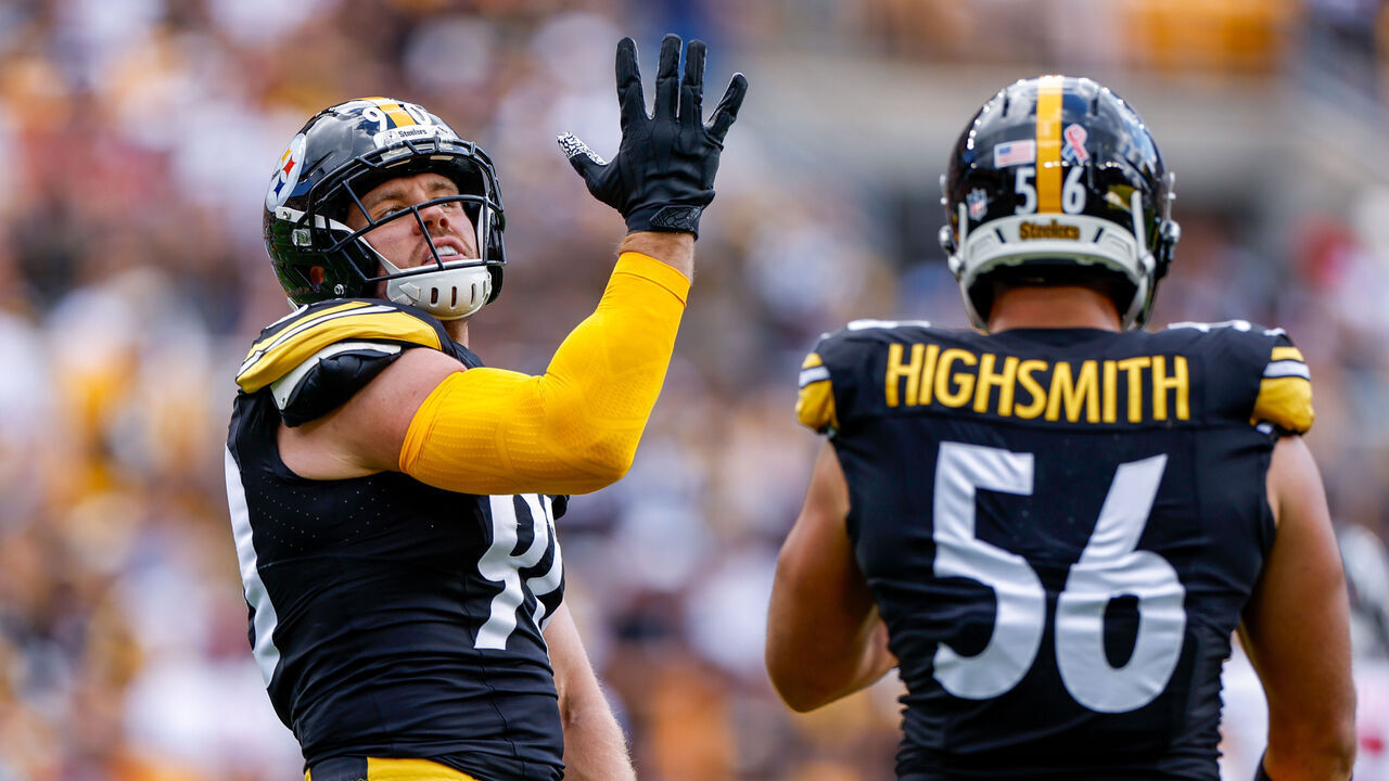 PITTSBURGH, PENNSYLVANIA - SEPTEMBER 13: T.J. Watt #90 and Alex Highsmith #56 of the Pittsburgh Steelers celebrate during the first quarter of a game against the Atlanta Falcons at Acrisure Stadium on September 13, 2026 in Pittsburgh, Pennsylvania.