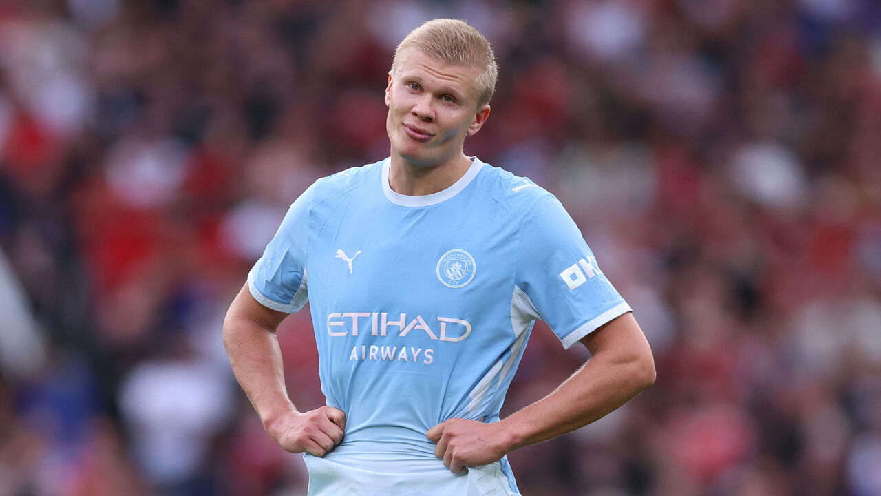 MANCHESTER, ENGLAND - SEPTEMBER 13: Erling Haaland of Manchester City reacts during the Premier League 2026/27 match between Manchester United and Manchester City at Old Trafford on September 13, 2026 in Manchester, England.