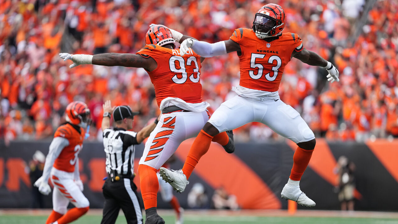 CINCINNATI, OHIO - SEPTEMBER 13: Boye Mafe #53 of the Cincinnati Bengals celebrates sack against the Tampa Bay Buccaneers with Jonathan Allen #93 during the second half of the game at Paycor Stadium on September 13, 2026 in Cincinnati, Ohio.