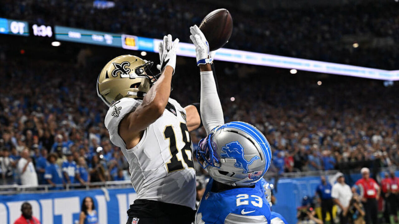 DETROIT, MI - SEPTEMBER 13: Detroit Lions cornerback Rock Ya-Sin (23) knocks away a pass to New Orleans Saints wide receiver Bryce Lance (18) to seal the 31-30 over time victory over the New Orleans Saints in the game on Sunday September 13, 2026 at Ford Field in Detroit, MI.
