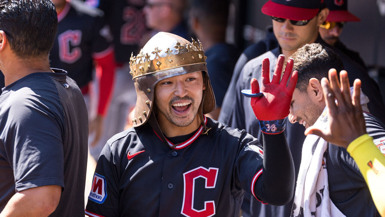MINNEAPOLIS, MINNESOTA - SEPTEMBER 13: Steven Kwan #38 of the Cleveland Guardians celebrates in the dugout after a solo home run against the Minnesota Twins in the first inning at Target Field on September 13, 2026 in Minneapolis, Minnesota.