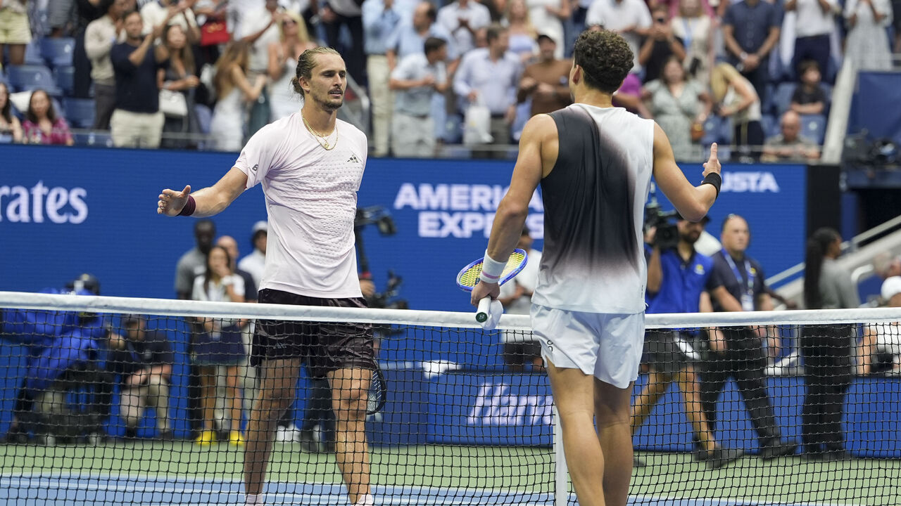 NEW YORK, NEW YORK - SEPTEMBER 13: Alexander Zverev and Ben Shelton shake hands at the net after a Men's Singles championship match on Day Fifteen of the 2026 US Open at USTA Billie Jean King National Tennis Center on Sunday, September 13, 2026 in Flushing, NY.