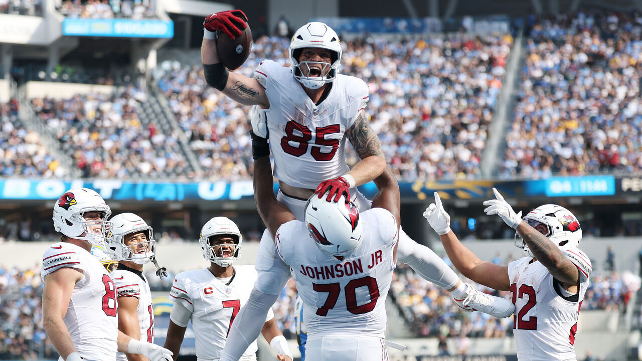 INGLEWOOD, CALIFORNIA - SEPTEMBER 13: Trey McBride #85 of the Arizona Cardinals celebrates with teammates after scoring a touchdown in the fourth quarter against the Los Angeles Chargers at SoFi Stadium on September 13, 2026 in Inglewood, California.