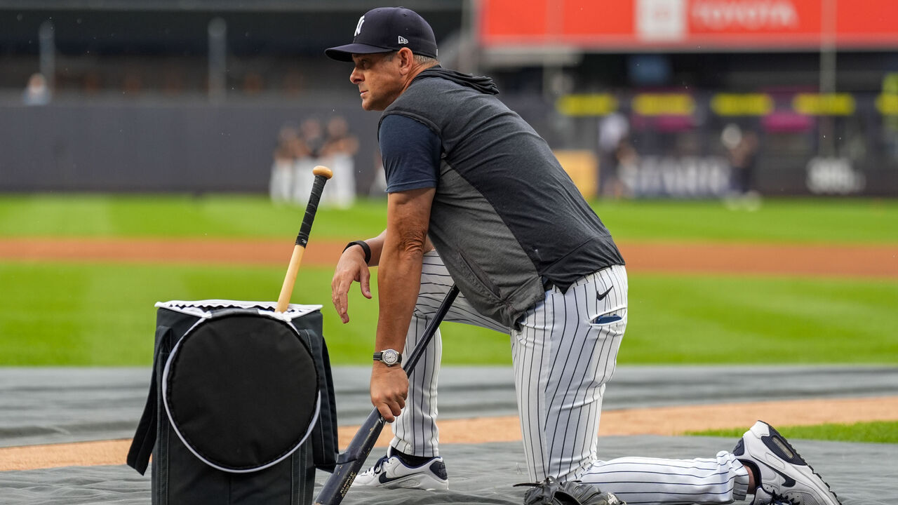 NEW YORK, NY - AUGUST 05: Manager Aaron Boone #17 of the New York Yankees looks on prior to the game between the St. Louis Cardinals and the New York Yankees at Yankee Stadium on Wednesday, August 5, 2026 in New York, New York.