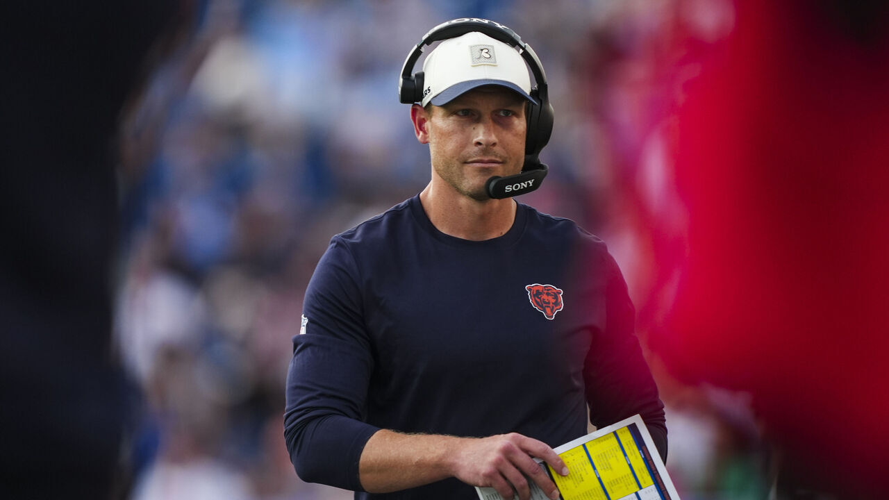 NASHVILLE, TENNESSEE - AUGUST 29: Head coach Ben Johnson of the Chicago Bears looks on from the sideline during an NFL preseason game against the Tennessee Titans at Nissan Stadium on August 29, 2026 in Nashville, Tennessee.