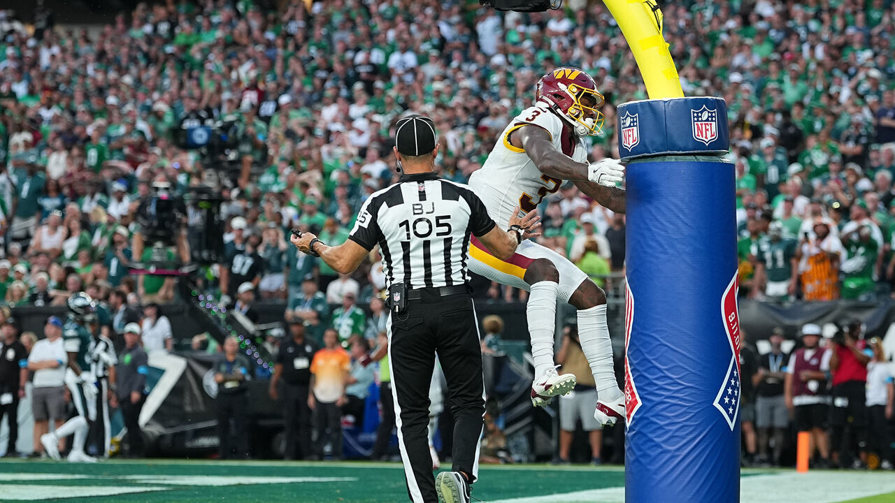 PHILADELPHIA, PENNSYLVANIA - SEPTEMBER 13: Stefon Diggs #3 of the Washington Commanders celebrates after his receiving touchdown against the Philadelphia Eagles in the fourth quarter of a game at Lincoln Financial Field on September 13, 2026 in Philadelphia, Pennsylvania.