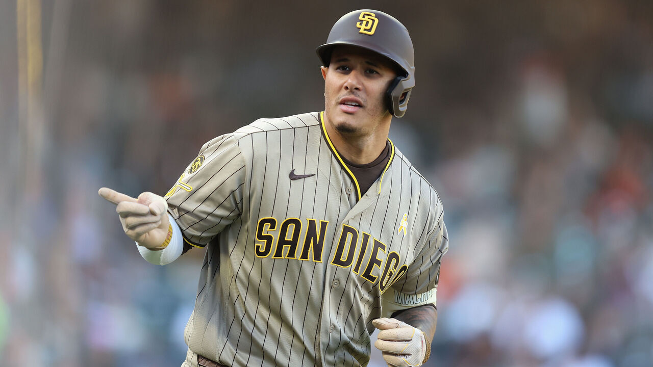 SAN FRANCISCO, CALIFORNIA - SEPTEMBER 13: Manny Machado #13 of the San Diego Padres reacts after hitting a two-run home run in the top of the second inning against the San Francisco Giants at Oracle Park on September 13, 2026 in San Francisco, California.