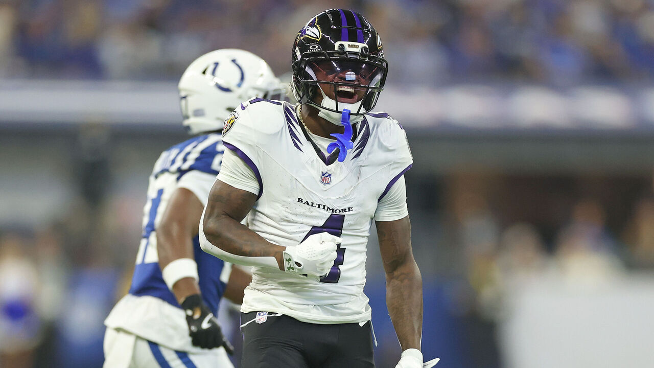 INDIANAPOLIS, INDIANA - SEPTEMBER 13: Zay Flowers #4 of the Baltimore Ravens celebrates after an pass reception against the Indianapolis Colts during the second quarter of the game at Lucas Oil Stadium on September 13, 2026 in Indianapolis, Indiana.