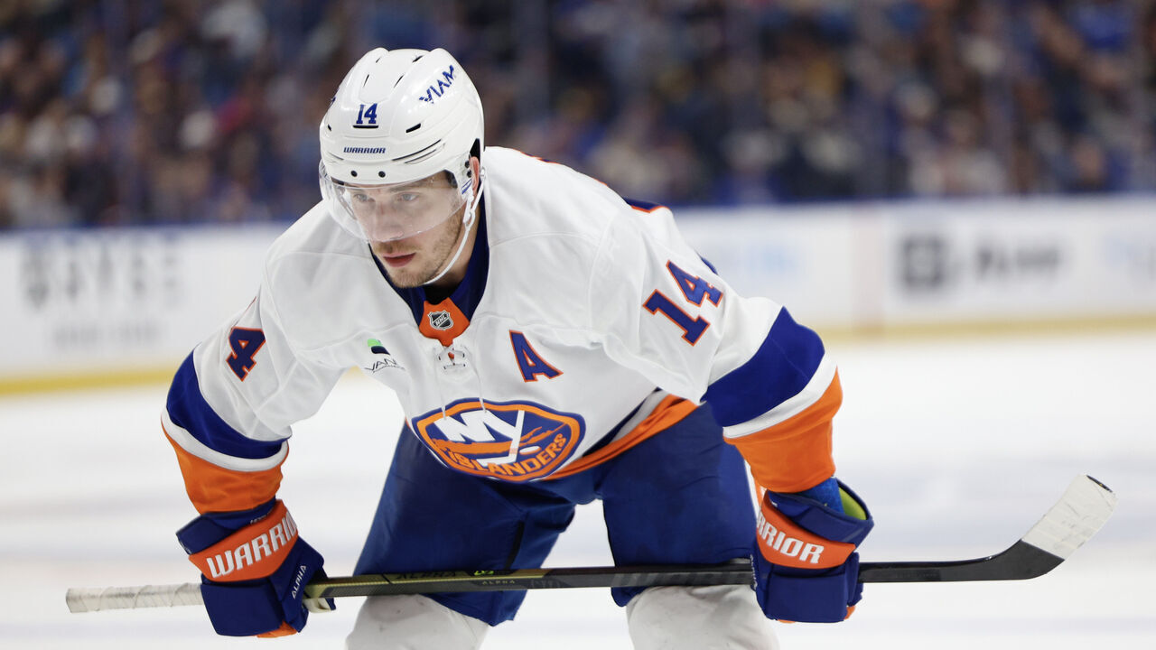 BUFFALO, NEW YORK - MARCH 31: Bo Horvat #14 of the New York Islanders looks on during the third period against the Buffalo Sabres at KeyBank Center on March 31, 2026 in Buffalo, New York.