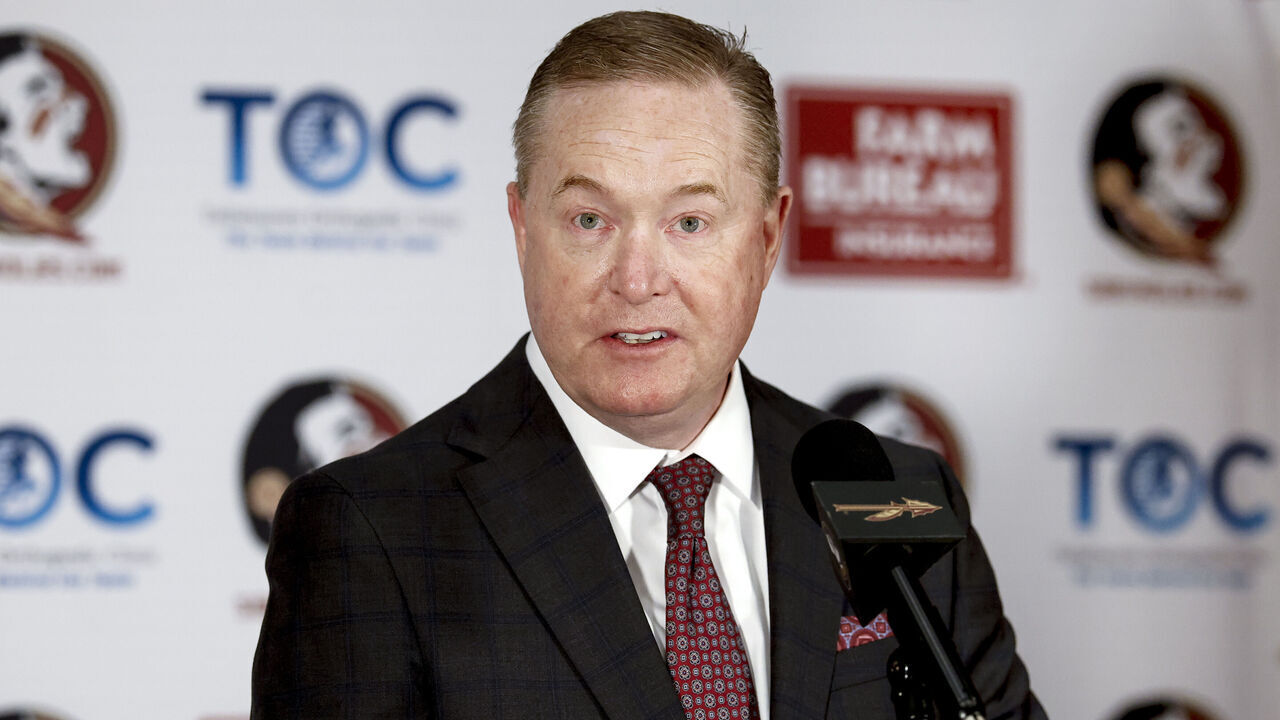 TALLAHASSEE, FL - MARCH 10: Vice President and Director of Athletics Michael Alford of the Florida State Seminoles introduce the newly named Head Coach Luke Loucks during the press conference at the Moore Athletic Center on the campus of Florida State University on March 10, 2025 in Tallahassee, Florida. Loucks played college basketball for Florida State from 2008 -2012, where he was a member of four straight NCAA Tournament teams and still holds the school record for most career games played. Recently Loucks served as an assistant coach with the NBA's Sacramento Kings as well as the Golden State Warriors were he won 2-NBA Championships. He will be the program's eighth coach.